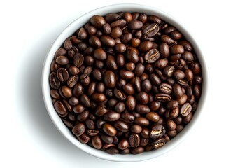Fototapeta premium Fresh roasted coffee beans in round white ceramic bowl against white background, overhead view showing rich brown color and natural texture of arabica beans.