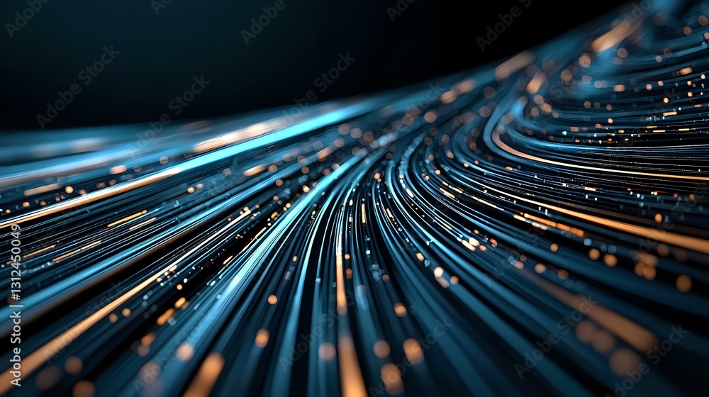 Poster abstract technology background with glowing blue and orange light trails flowing in parallel lines c