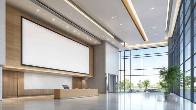 Modern conference hall with large screen and reception area, bright windows showcasing greenery