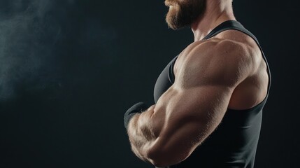 Fototapeta premium Muscular Man Flexing Biceps In Dark Gym