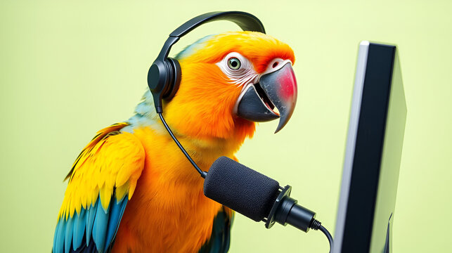 A parrot wearing a headset, perched on a computer monitor, squawking into the microphone. Copy space: above the image