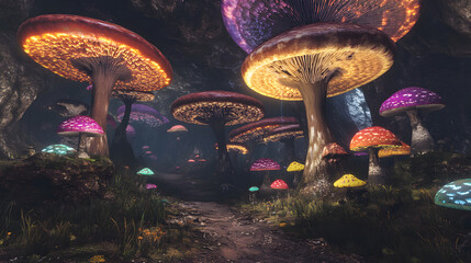 Enchanting Glowing Mushroom Cave Path