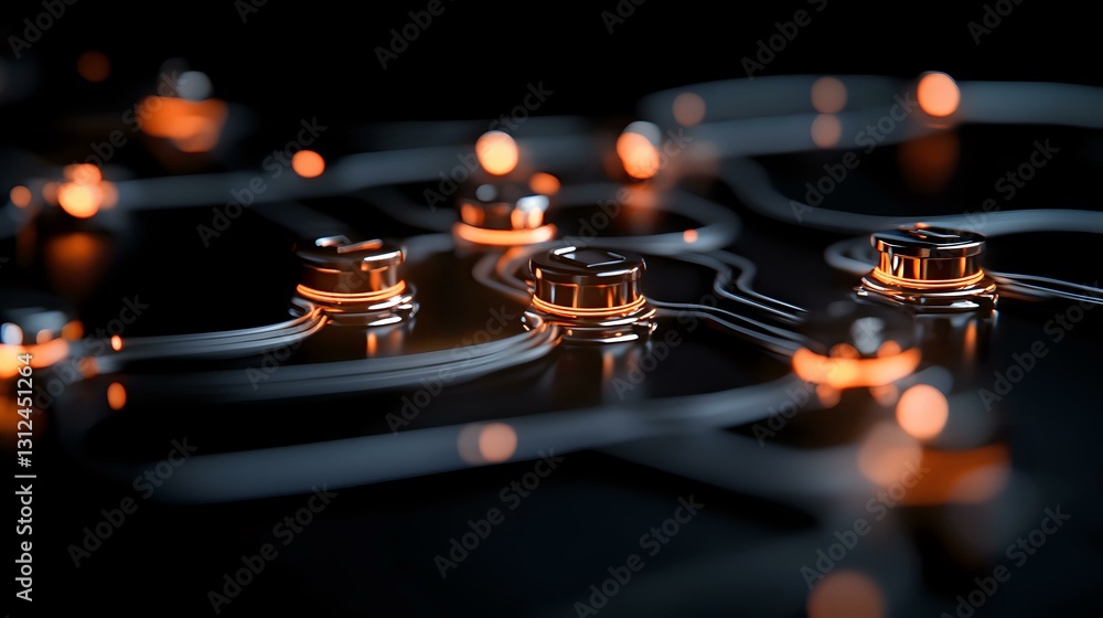Aufkleber glowing orange light reflects off metallic hexagonal pattern creating futuristic technological abstr