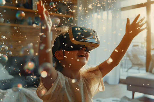 School pupil with VR headset using AR AI artificial intelligence technology & virtual learning. Augmented reality interactive technology. Smart tech innovation. Fun hologram, home schooling