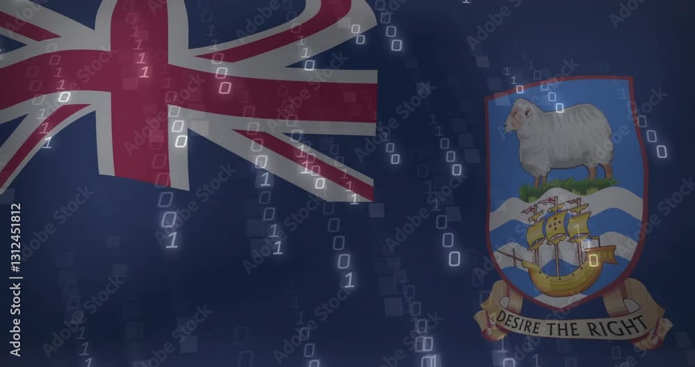 Poster binary code overlaying falkland islands flag in animated digital concept scene