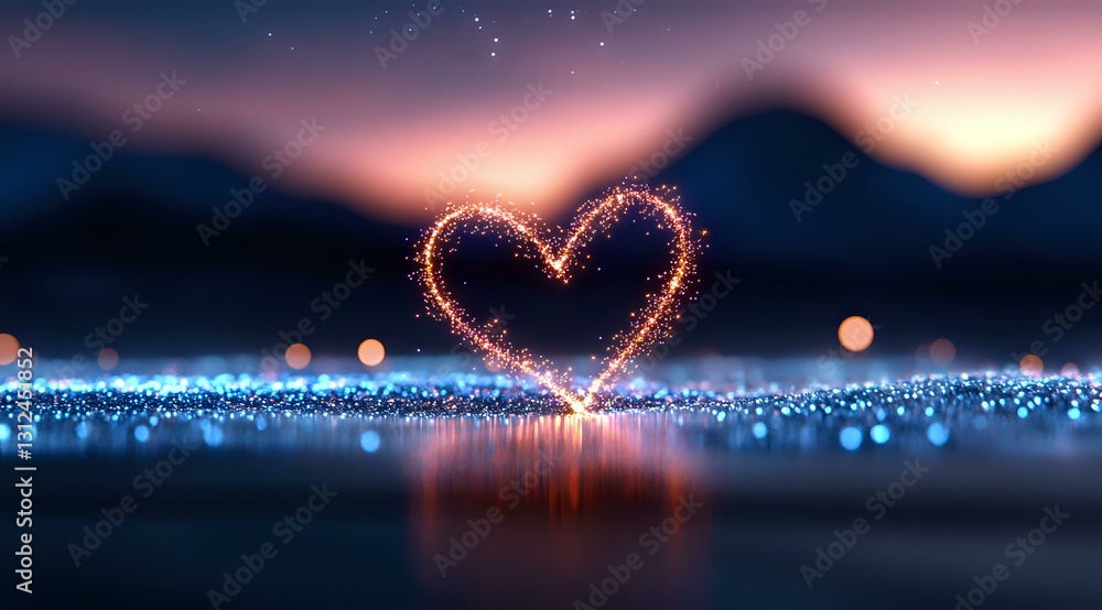 Poster glowing heart shape created with sparkles against mountain silhouette at dusk, reflecting on shimmer