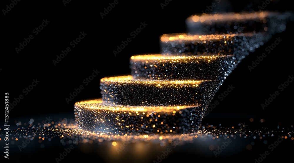 Poster glowing golden steps with magical sparkles and light particles floating in darkness create mystical 