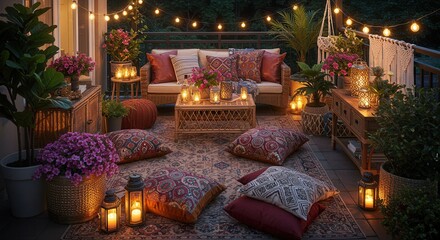 Cozy Outdoor Patio with Pillows, Lanterns, and String Lights at Night
