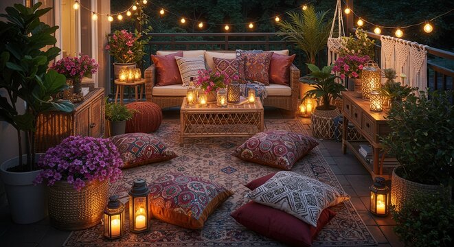 Cozy Outdoor Patio with Pillows, Lanterns, and String Lights at Night