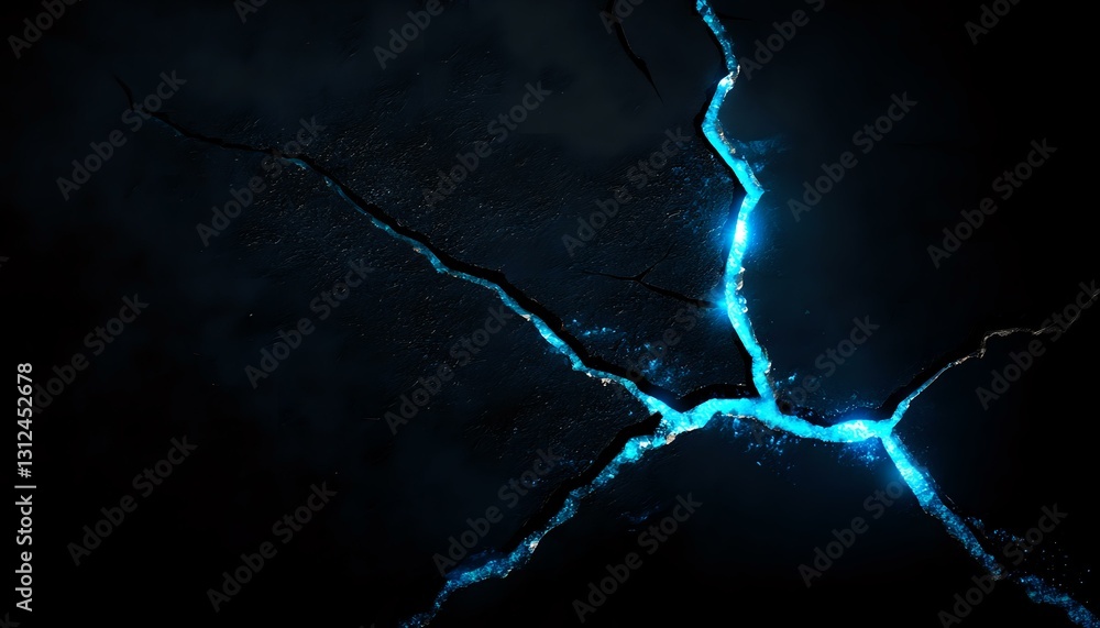 Poster glowing blue lightning cracks on dark background, abstract pattern of illuminated fractures spreadin