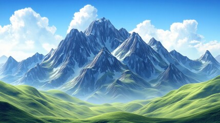 Obraz premium Majestic snow capped mountains and lush green hills with blue sky