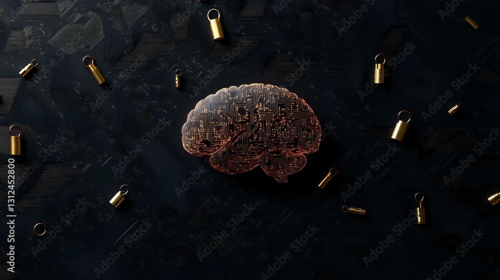 Poster digital brain network with floating golden padlocks on dark background representing cybersecurity, a