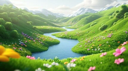 Naklejka premium A vibrant green landscape featuring a flowing river through green hills