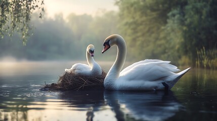 Fototapeta premium Swans Nesting Together on Calm River at Sunrise