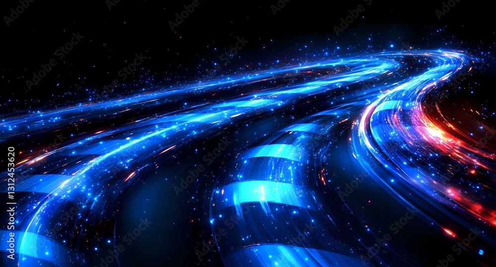 Poster abstract glowing blue and red light trails creating dynamic curved paths against dark background, su