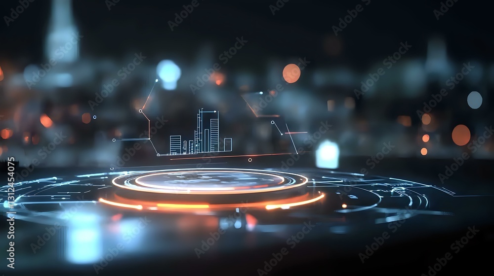 Poster futuristic glowing platform with holographic city skyline projection against dark background with bo