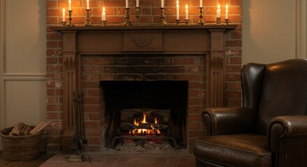 Cozy Fireplace with Burning Logs and Leather Armchair in a Warm Room