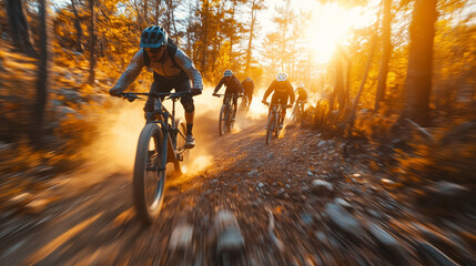 Extreme Cycling in the Forest – A group of cyclists race along a dusty forest path in the rays of the setting sun, creating an atmosphere of dynamics and adventure among the dense trees..
