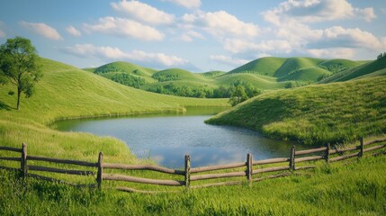 Serene rural landscape with a pond, rolling hills, and a rustic fence