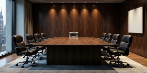 Dark wood conference table, leather chairs Executive meeting room setup , stylish, meeting table