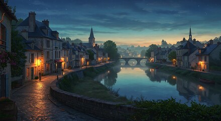 River Runs Through European Town at Dusk with Stone Bridge