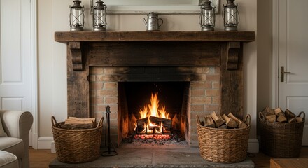 Cozy Fireplace with Burning Logs and Rustic Mantle in Warm Interior