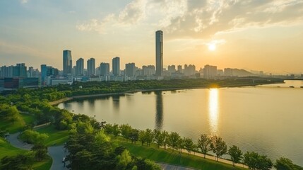 Naklejka premium An expansive city skyline reflects on a tranquil river at sunset