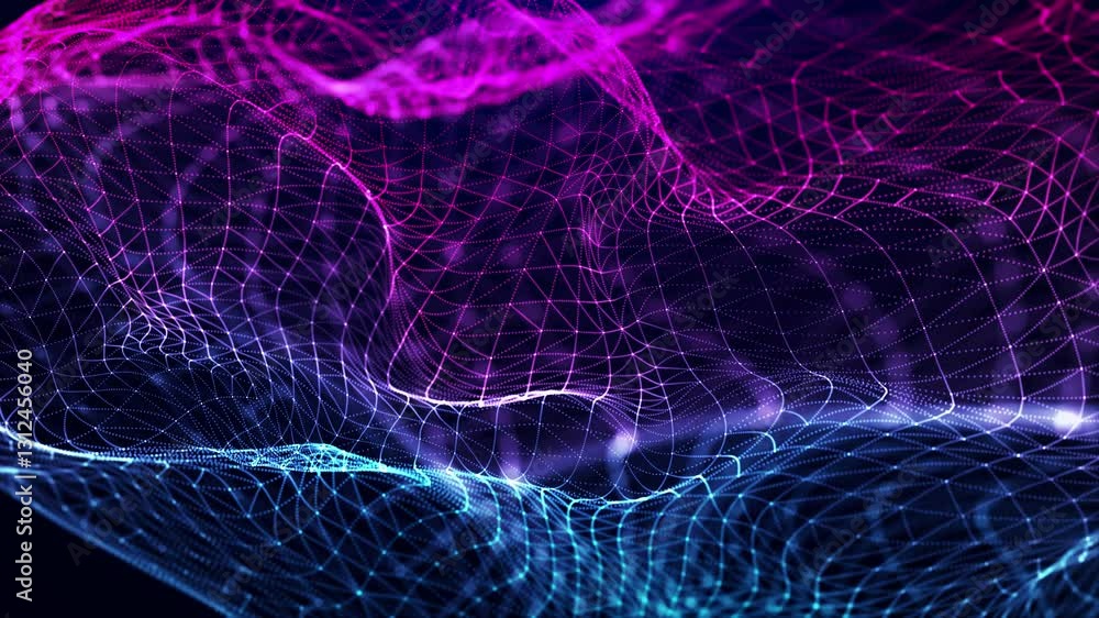 Poster abstract background with wavy shape particles, digital purple waves. futuristic connections backgrou
