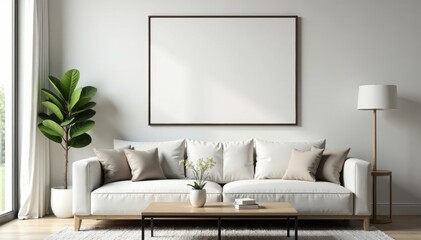 Elegant line art picture frame above coffee table, living room setting , modern, rustic, sofa