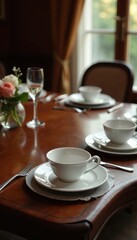 Elegant mahogany table, fine china, silver cutlery, fine dining, expensive, cutlery