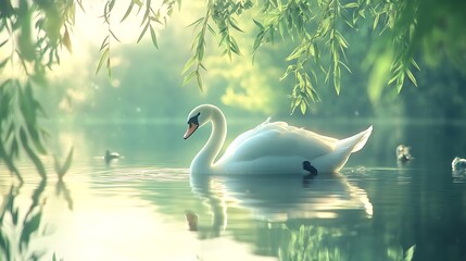 Obraz premium Serene Swan Floating in Calm Water with Tree Mirror