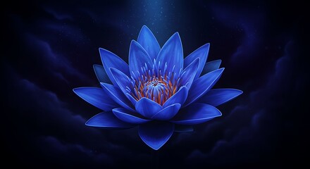Blue Lotus Flower Blooming in Night with Dark, Dramatic Background