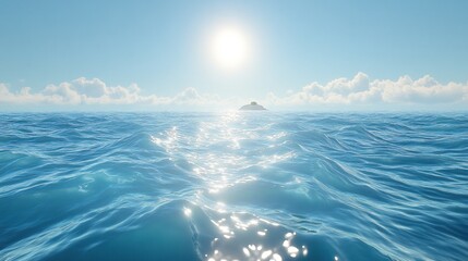Obraz premium An expansive ocean scene with a distant island and a bright sun
