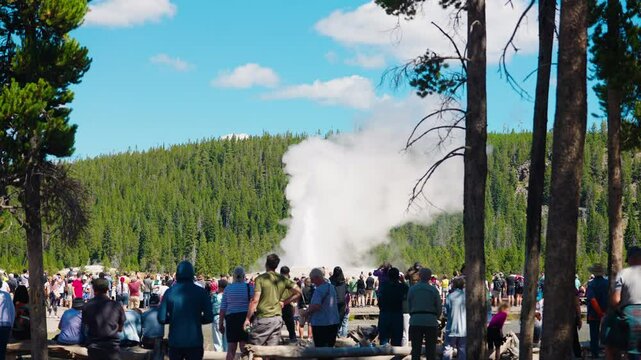 Onlookers enjoy Old Faithful erupt steam and water high above Yellowstone.