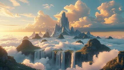 A fantasy landscape of floating cliffs with a waterfall
