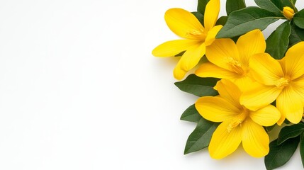 Obraz premium Yellow Flower Corner Composition White Background, Floral Design, Spring Bloom, Nature Photography Floral arrangement, Yellow flowers, Spring