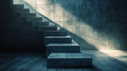 Concrete stairs illuminated by sunlight in a dark room.