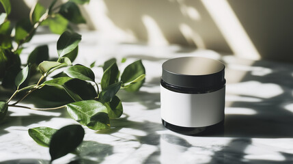 Minimalist cosmetic jar with blank label on marble surface with natural light
