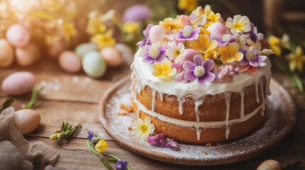 Easter cake topped with sugared flowers and pastel decorations, placed on a rustic wooden table, warm golden-hour lighting