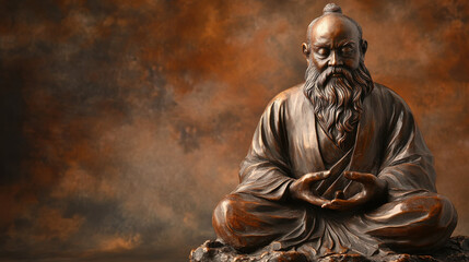 Obraz premium A bronze statue of a meditating sage, aged with a natural patina, sitting gracefully with a peaceful expression