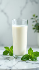 A clear glass filled with creamy white liquid, likely A2A2 milk, placed on a marble surface with a few sprigs of mint leaves nearby.
