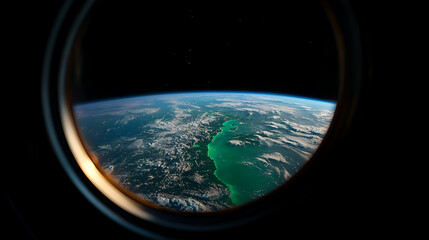Earth seen from a window in the dark expanse of space