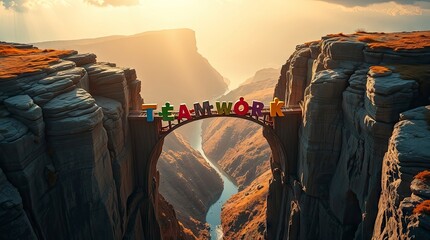 A bridge between two mountains made of puzzle pieces. teamwork concept
