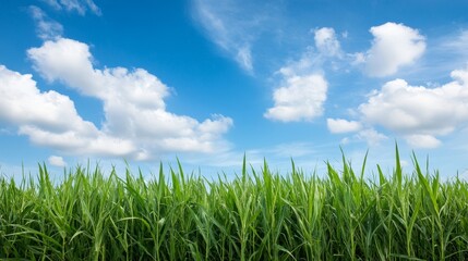 Obraz premium Lush Green Grass Against a Blue Sky with Fluffy Clouds, Landscape Photography, Nature Scene, Outdoor. Grass, Sky