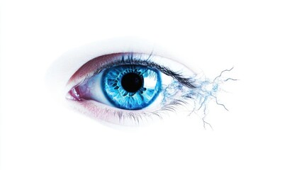 Closeup of a Vivid Blue Eye with Abstract Digital Lines on White Background