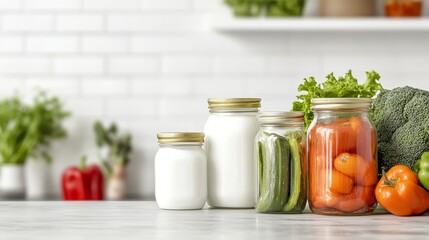 Kitchen Jars with Milk and Vegetables Composition of Three Glass Jars, Dairy, Produce, Healthy Eating, Food Storage healthy eating, food preservation