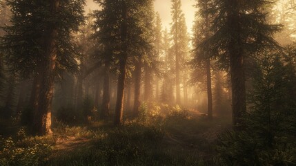 Obraz premium Misty sunrise in a dense coniferous forest.