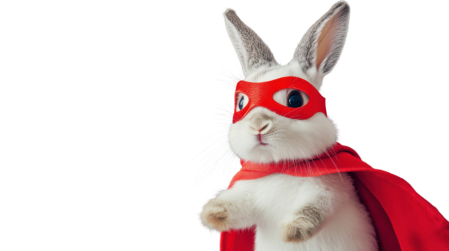 White rabbit superhero wearing red mask and cape on transparent background - Powered by Adobe