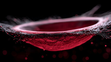 A red circular form with surrounding interconnected fibrous structures