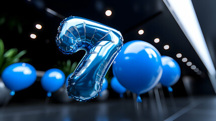A blue balloon shaped like seven and other decorative balloons